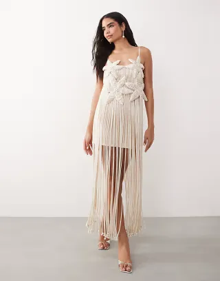 ASOS LUXE premium crochet flower maxi dress with shell detail in cream