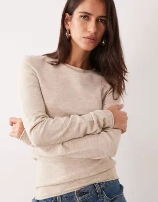 ASOS DESIGN slash neck long sleeve fine gauge top in oatmeal