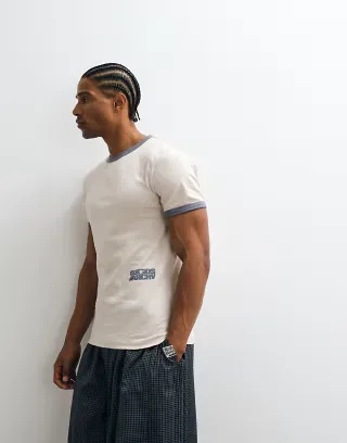 ASOS DESIGN slim ringer T-shirt with text graphic in gray