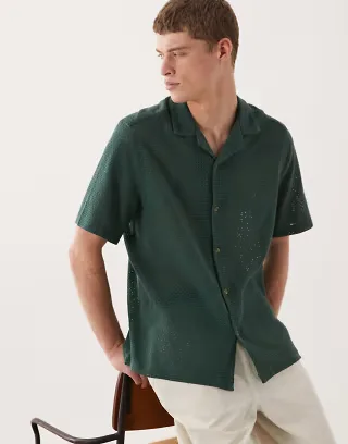 ASOS DESIGN relaxed camp collar open texture shirt in green