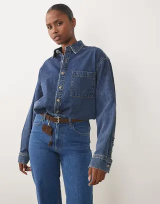 Good American oversized button up denim shirt in indigo