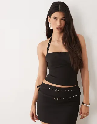 Kaiia exclusive 90s eyelet buckle detail halterneck top in black - part of a set
