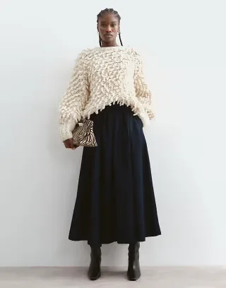 ARRANGE denim full maxi skirt with topstitching detail in indigo