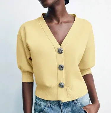 Maija Yellow Cropped Knit Cardigan Women's Sweaters Pullover V-Neck Front Button Rose Button Loose Fit Drop Shoulder Pla