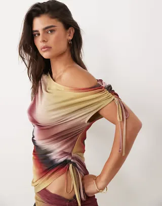 ASOS DESIGN ruched shoulder asymmetric cinched waist top in striped ombre - part of a set