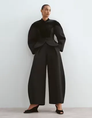 ARRANGE ovoid sleeve velvet panel blazer, midi skirt and barrel leg pants in black