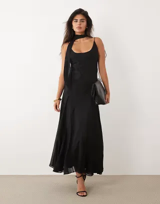 ASOS DESIGN scoop neck midaxi dress with godet hem and scarf in black