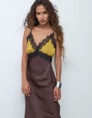Never Fully Dressed Petite satin cami lace detail maxi dress in chocolate