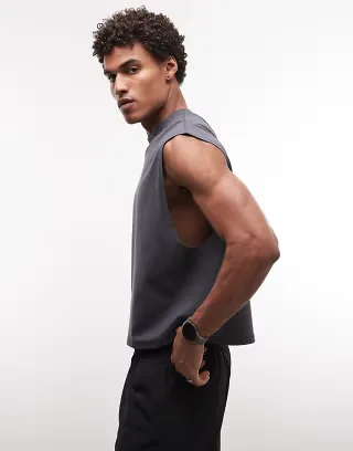 4505 cotton cropped lifting tank top with quick dry finish in charcoal
