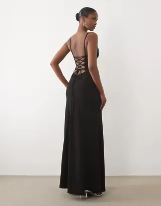 ASOS DESIGN square neck maxi dress with open lace up back in black