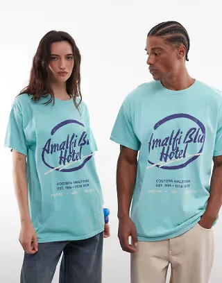 Reclaimed Vintage Unisex Amalfi slogan t-shirt in teal