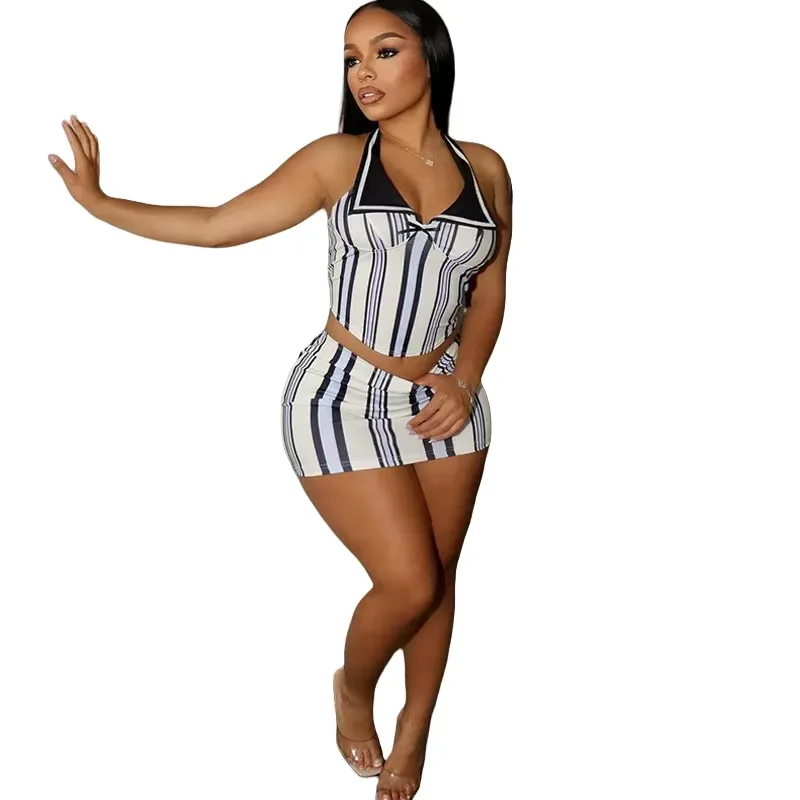 Women's Striped Print Sleeveless Halter Backless Super-short Tops & Hips Wrapped Mini Skirt, Sexy, 2pcs Set