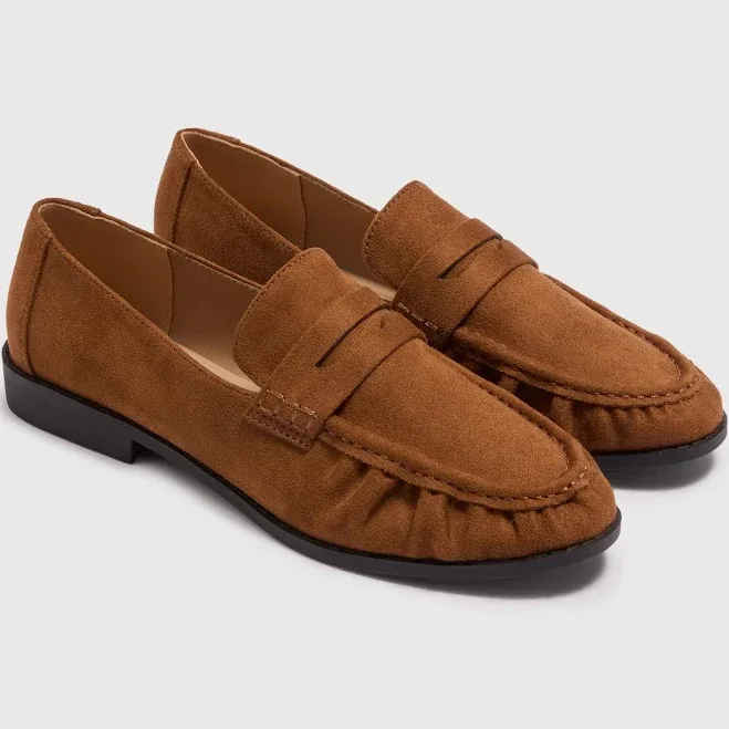 Ruched Faux Suede Loafers - Tan - Papaya