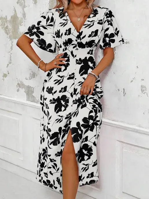 SHEIN Women's Tropical Plant Print V-Neck Ruffle Maxi Dress with Side Slit Hem