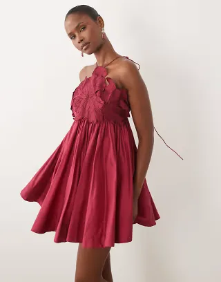 ASOS DESIGN trapeze halter mini dress with embroidered bodice in berry