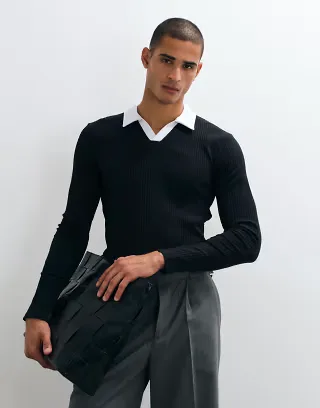ASOS DESIGN muscle fit long sleeve polo in variegated rib in black