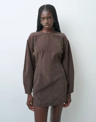 ASOS DESIGN barrel sleeve cord seamed mini dress washed chocolate