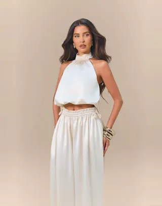 Wanderdoll x Emma Milton Summa satin high neck halterneck bubble hem top in cream - part of a set