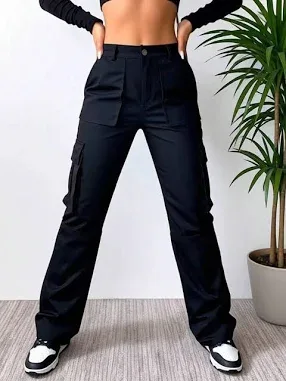 Black High Waisted Cargo Pants Women's Hiking Ski Snow Waterproof Trekking Trousers Loose Fit Straight Leg Woven Fabric