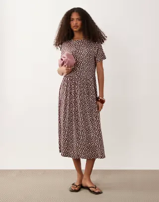 Wednesday's Girl smudge spot midi dress in brown & pink