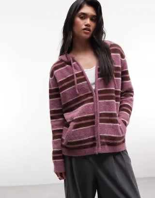 Daisy Street fluffy zip cardigan with hood in multi stripes