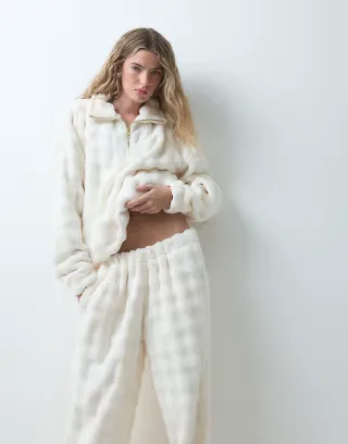 Loungeable bubble zip neck snuggle top and wide leg pants set in cream - part of a set