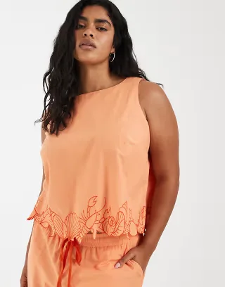 Vero Moda Curve sleeveless crop top in orange with shell hem detailing - part of a set