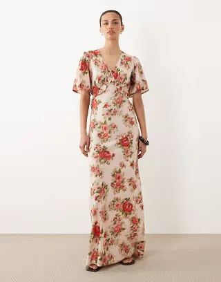 Wednesday's Girl floral print v neck flutter sleeve maxi dress in pink