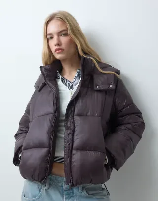 ASOS DESIGN mercerized short hooded padded jacket in choc plum
