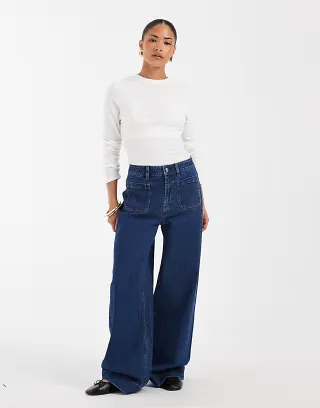 ASOS DESIGN Petite high waist wide leg jeans with front pockets in dark wash blue