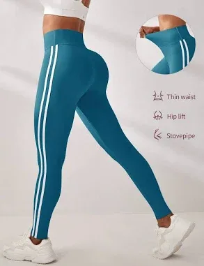 SHEIN Teal Blue High Waist Side Stripe Leggings Women's Compression Gym Workout Colorblock Sporty Casual Fitness Yoga Pa