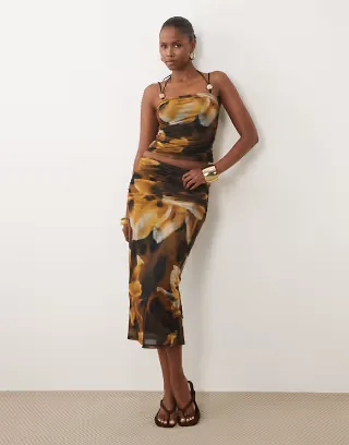 ASOS DESIGN mesh midi skirt with ruching in blurred floral - part of a set