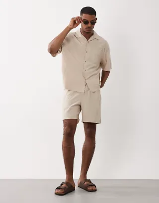 ASOS DESIGN oversized seersucker set in beige