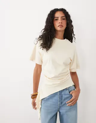 ASOS DESIGN asymmetric cinched waist T-shirt in sand