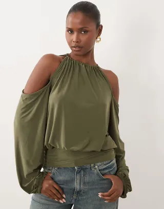 ASOS DESIGN slinky cold shoulder blouson top with balloon sleeves in khaki green