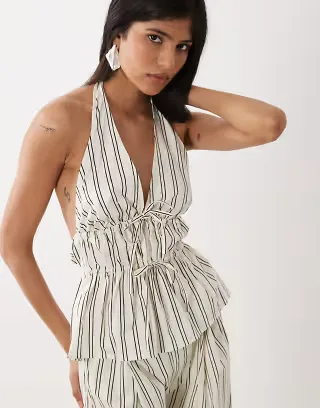 WeWoreWhat halter neck peplum top in brown and ivory stripes - part of a set