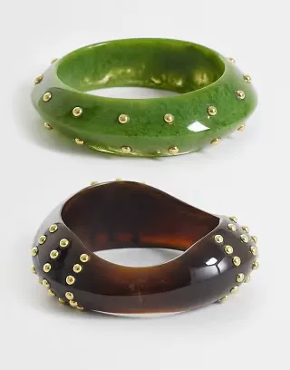 ASOS DESIGN pack of 2 bangles in green and brown resin with gold-tone stud detailing