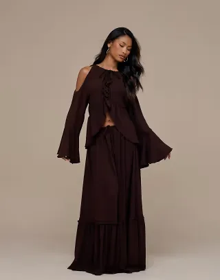 Wanderdoll Meadow halterneck long sleeve chiffon top and skirt set in chocolate