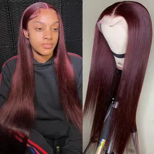 Dark Burgundy 13x6 HD Lace Frontal Human Hair Wig - Long Straight Brazilian Pre-Plucked Glueless 13x4 Lace Front Wigs Re