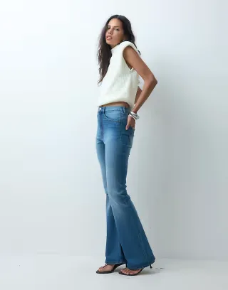ASOS DESIGN power stretch sculpt flare jeans in mid wash blue