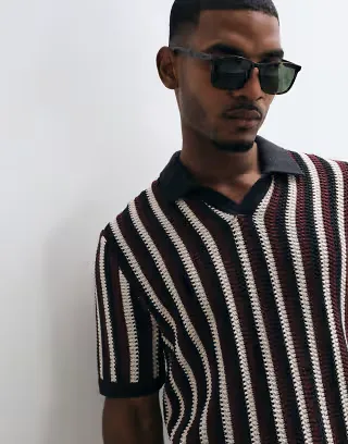 ONLY & SONS relaxed fit crochet knit polo in brown stripe