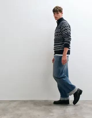 Threadbare fairisle knitted 1/4 zip sweater in navy