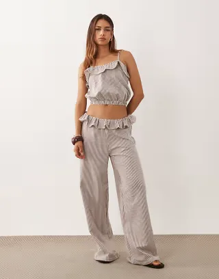 ASOS DESIGN frill detail wide leg pants in striped print - part of a set