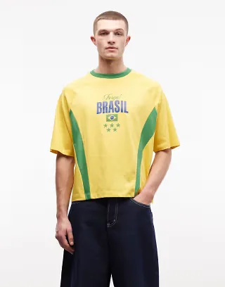 ASOS DESIGN boxy oversized T-shirt with Brazil soccer graphic in yellow