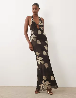 ASOS DESIGN printed mesh maxi dress with scarf detail in brown floral