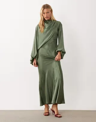 ASOS DESIGN blouson sleeve asymmetric satin maxi dress in olive green