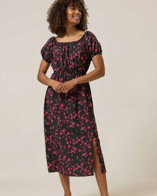 M&Co Women's Rose Print Bardot Split Hem Midi Dress