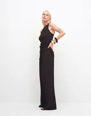ONLY high waist crinkle textured pants in dark brown, part of a set