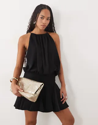 ASOS DESIGN satin high neck drop waist flippy mini dress in black