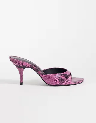 ASOS DESIGN Hooray mid heeled mules in pink snake